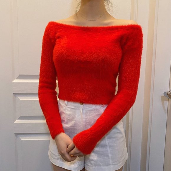 HM Red Off Shoulder Crop Sweater